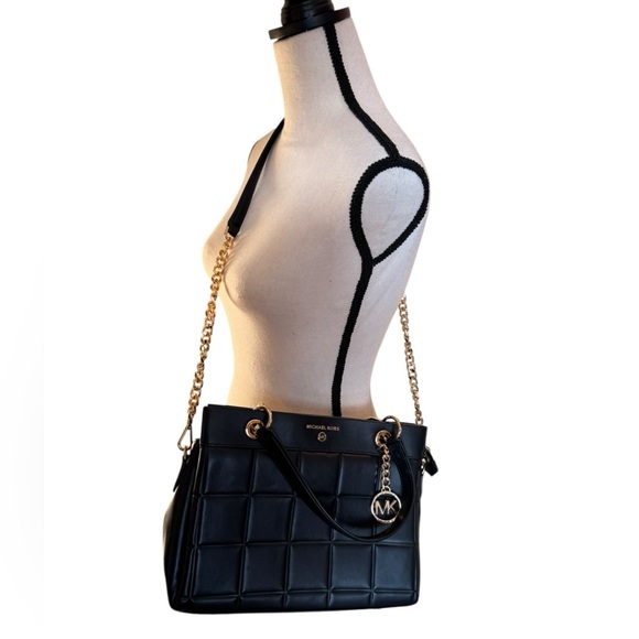 NWT Michael Kors Quilted Leather Satchel | Black MK Chain Crossbody Tote - Picture 3 of 10